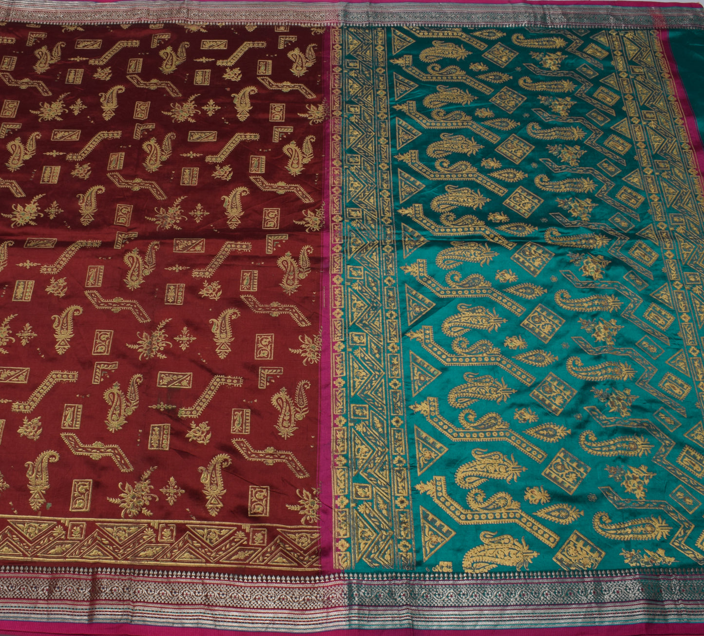 Sushila Vintage Maroon Saree Rayon Silk Hand Printed Paisley Sari Fabric