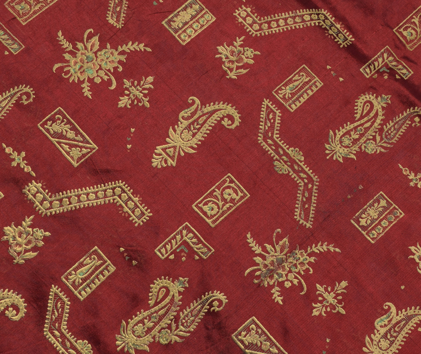 Sushila Vintage Maroon Saree Rayon Silk Hand Printed Paisley Sari Fabric