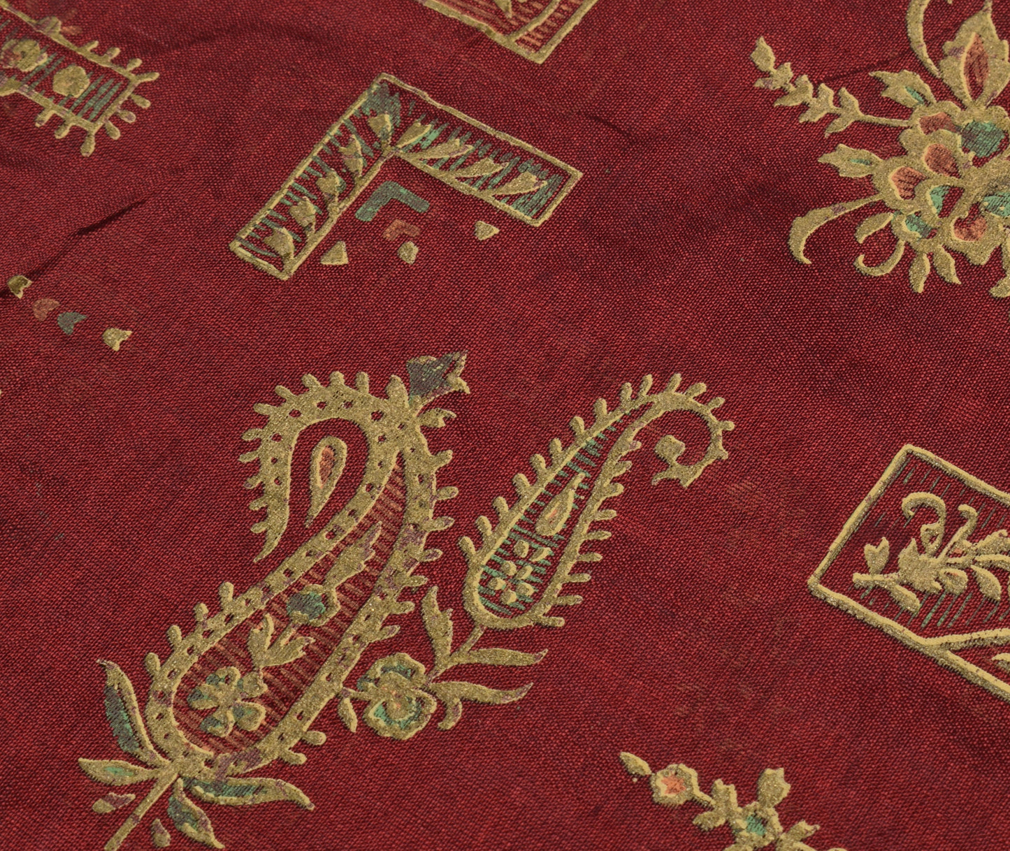 Sushila Vintage Maroon Saree Rayon Silk Hand Printed Paisley Sari Fabric