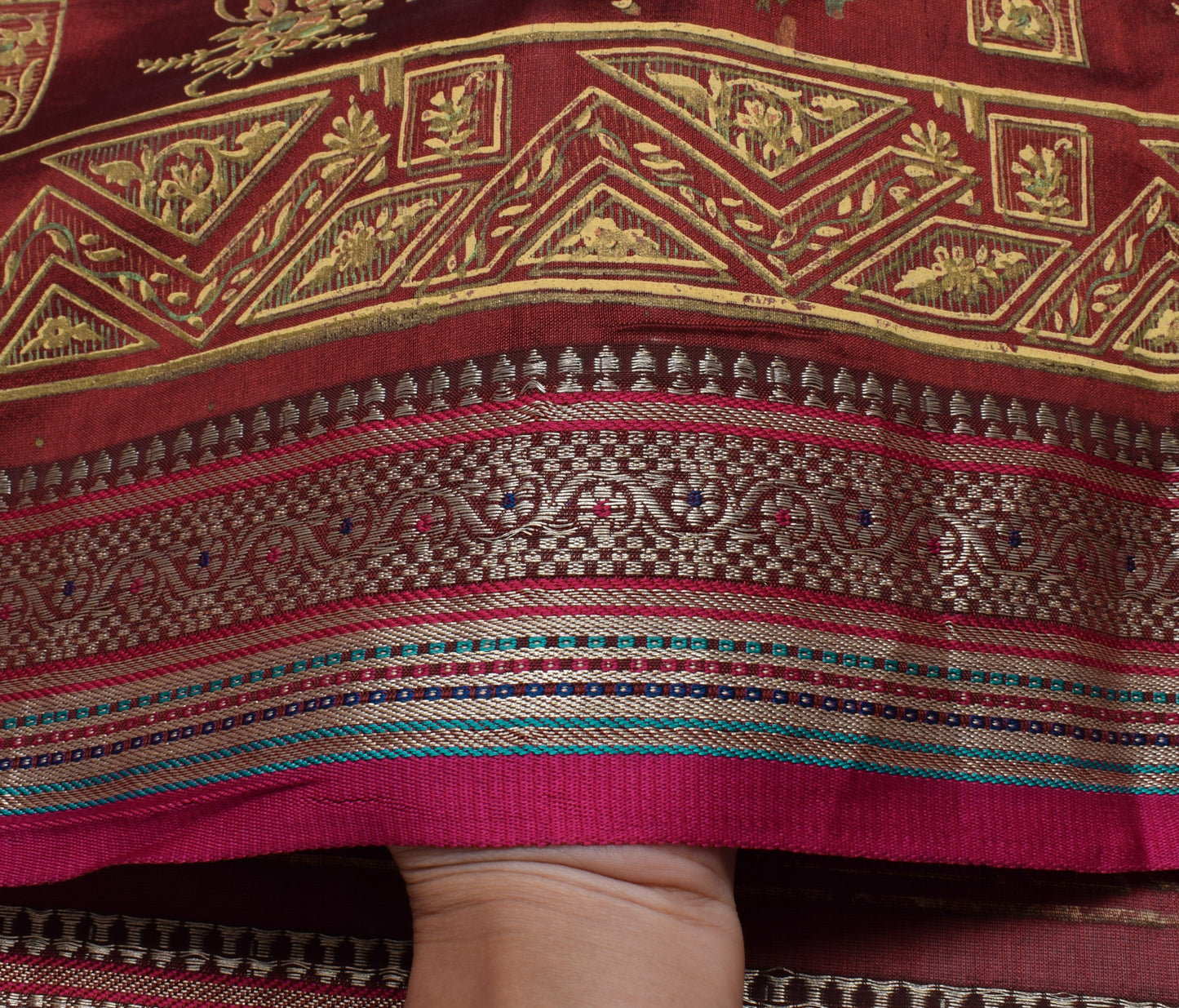 Sushila Vintage Maroon Saree Rayon Silk Hand Printed Paisley Sari Fabric
