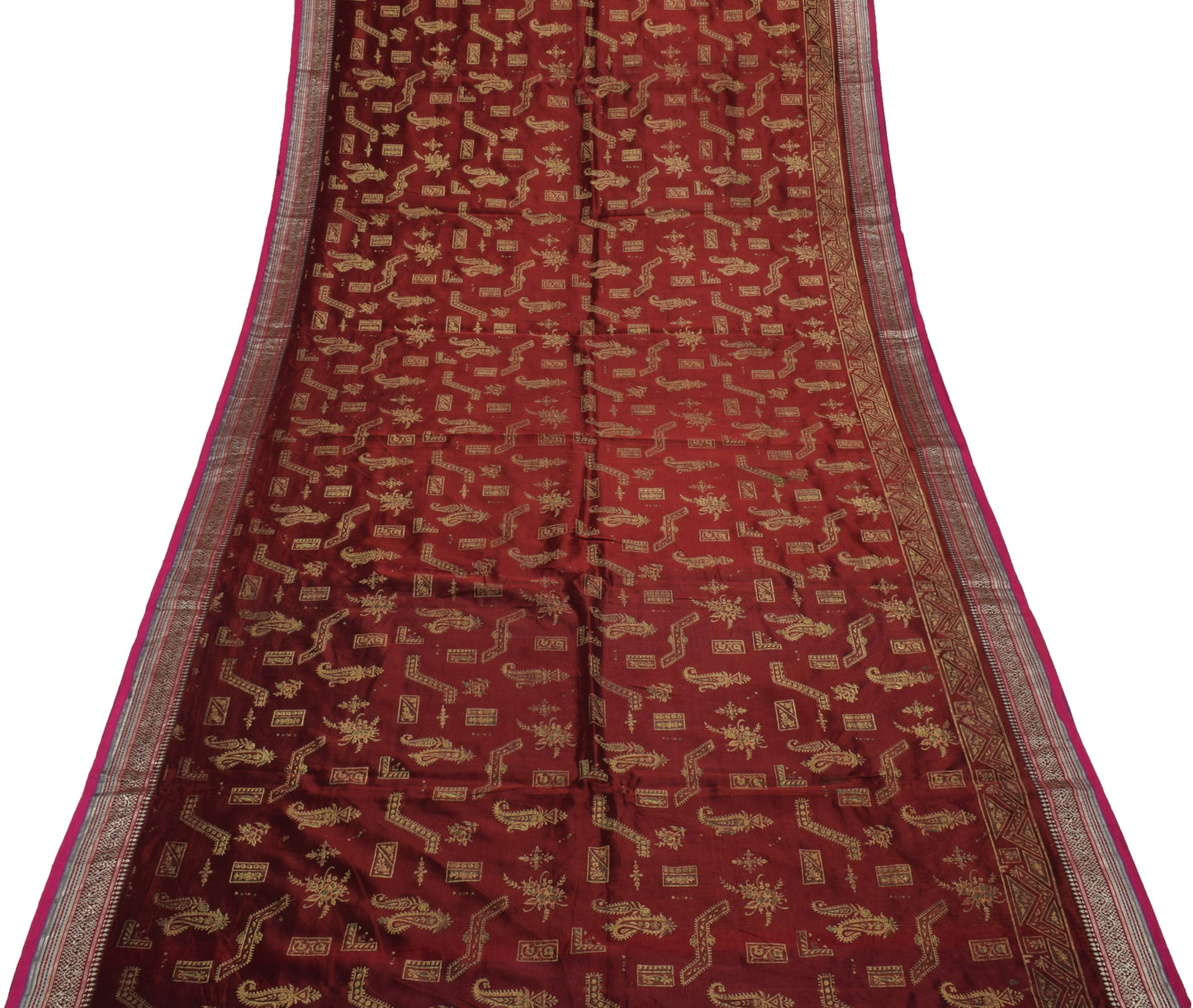 Sushila Vintage Maroon Saree Rayon Silk Hand Printed Paisley Sari Fabric