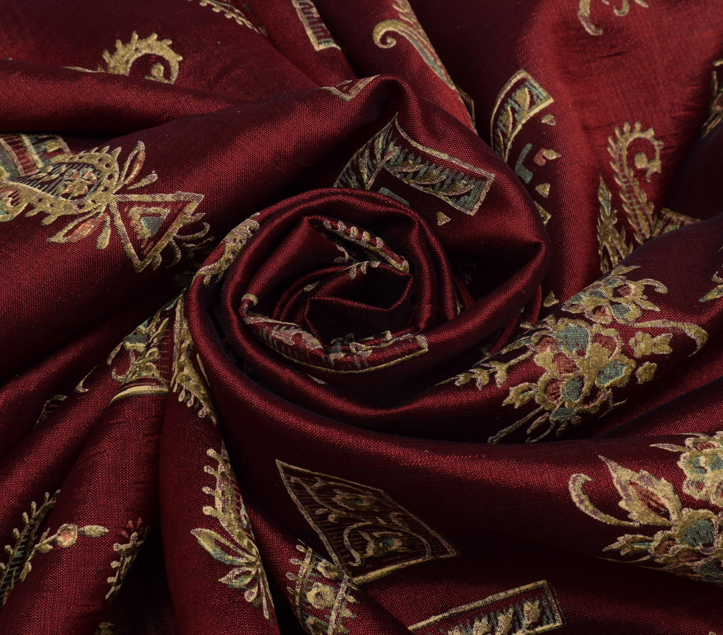 Sushila Vintage Maroon Saree Rayon Silk Hand Printed Paisley Sari Fabric