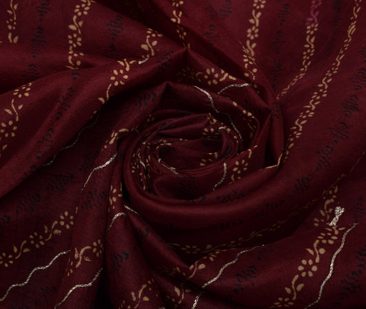 Sushila Vintage Maroon Saree 100% Pure Silk Printed Floral Sari 5 Yard Fabric