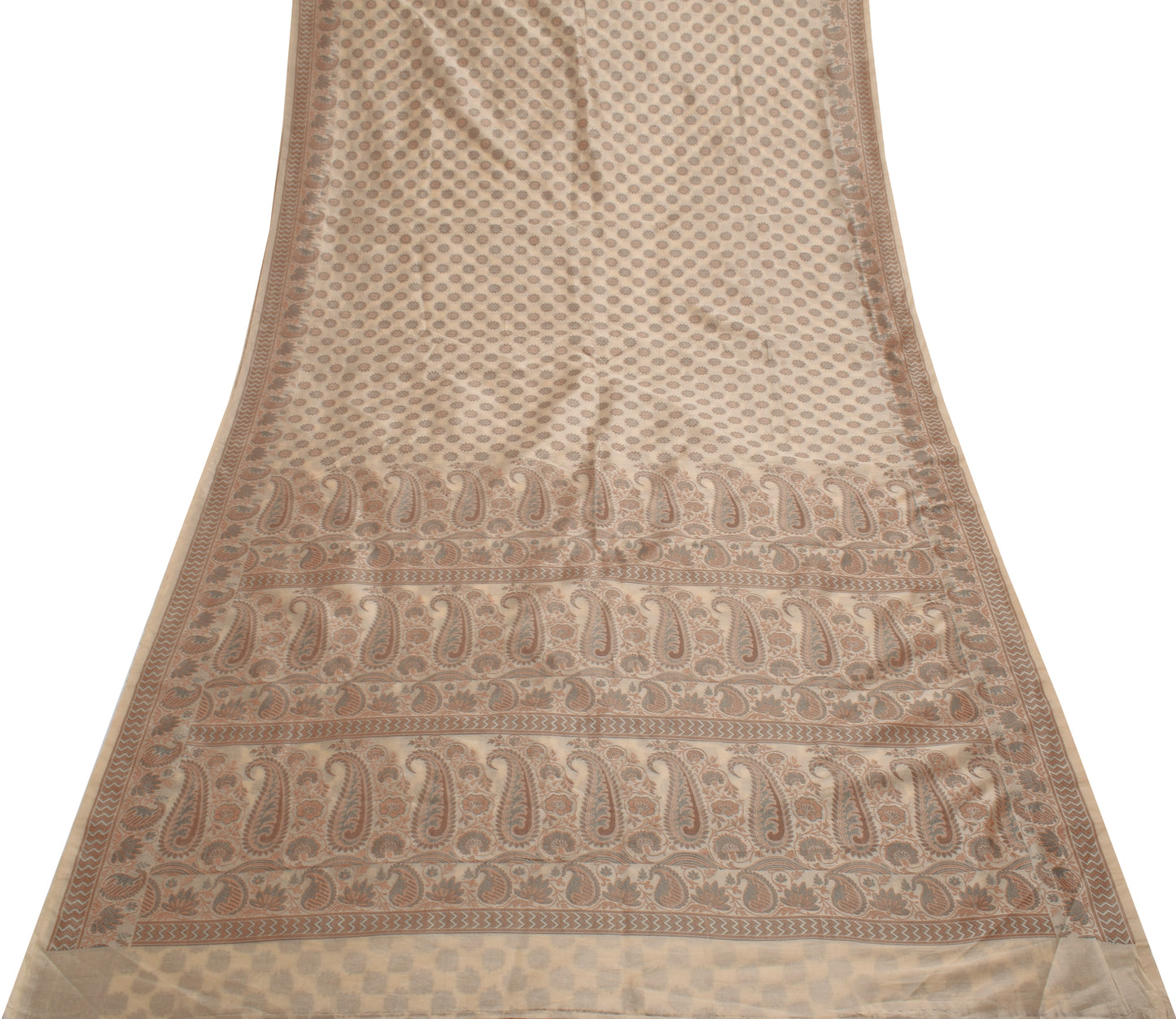 Sushila Vintage Indian Cream Saree Blend Silk All Over Woven Floral Sari Fabric