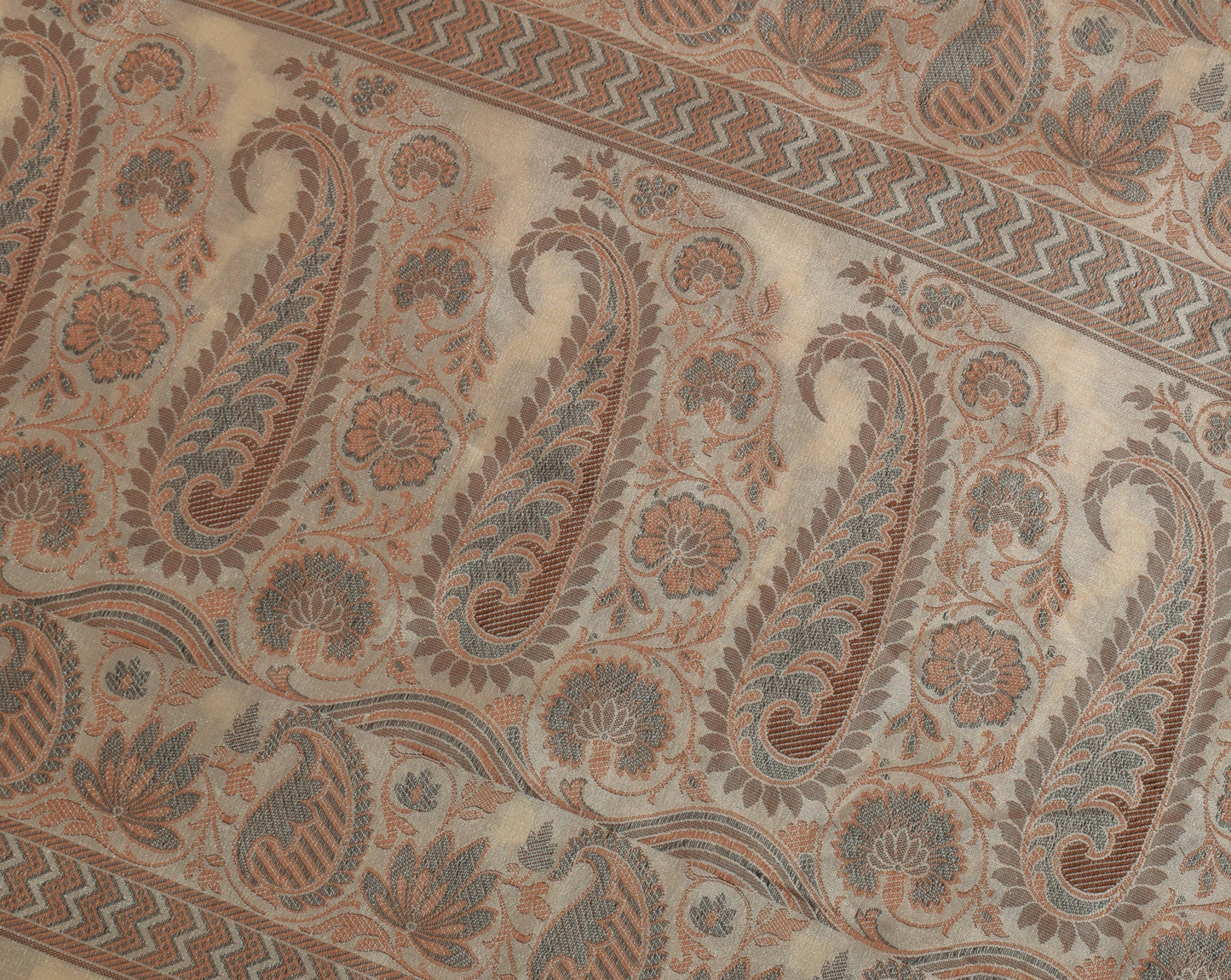 Sushila Vintage Indian Cream Saree Blend Silk All Over Woven Floral Sari Fabric
