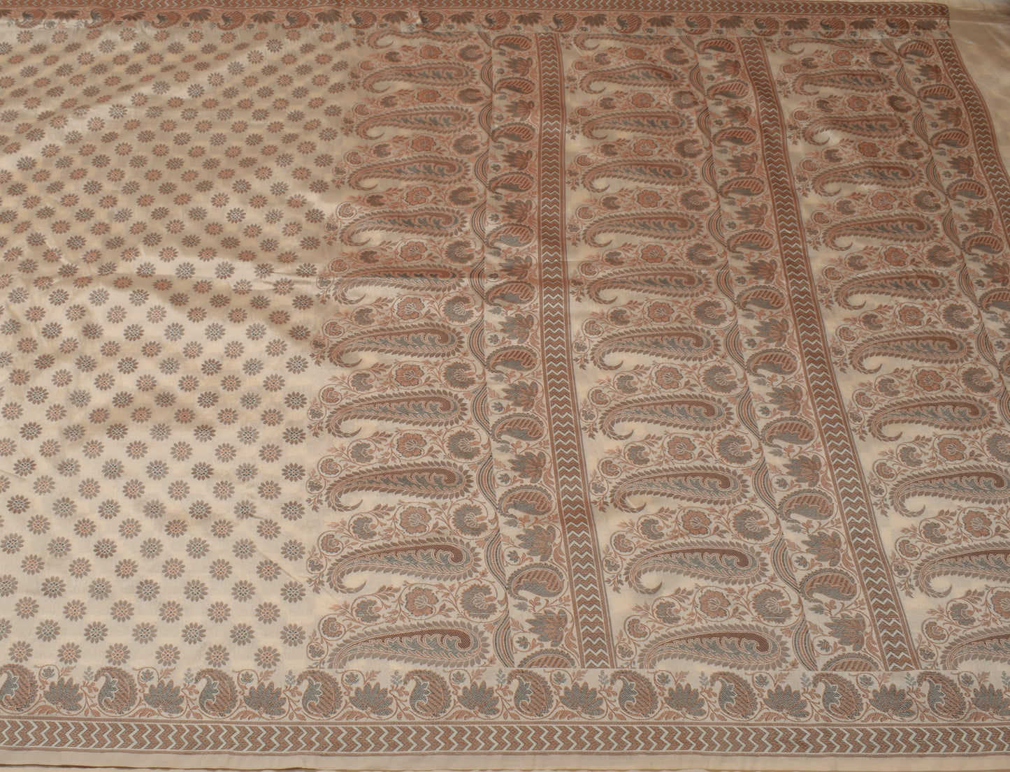 Sushila Vintage Indian Cream Saree Blend Silk All Over Woven Floral Sari Fabric