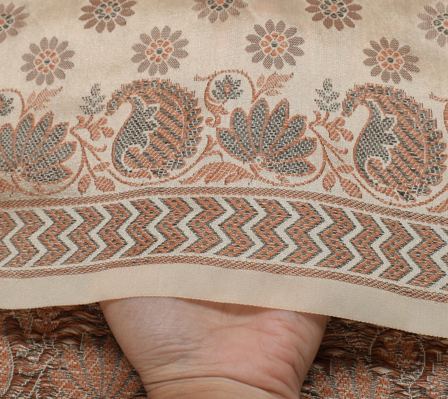 Sushila Vintage Indian Cream Saree Blend Silk All Over Woven Floral Sari Fabric