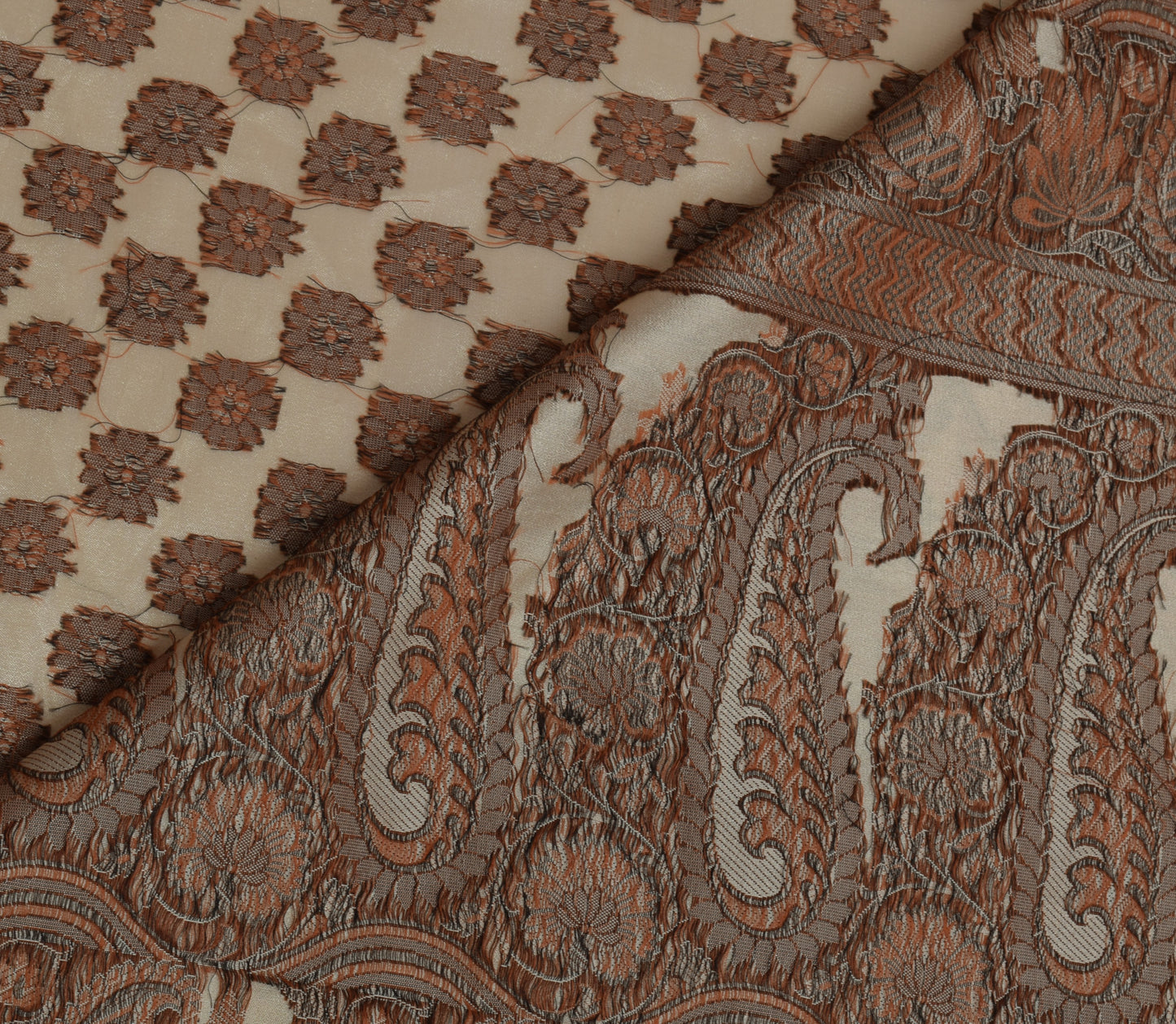 Sushila Vintage Indian Cream Saree Blend Silk All Over Woven Floral Sari Fabric