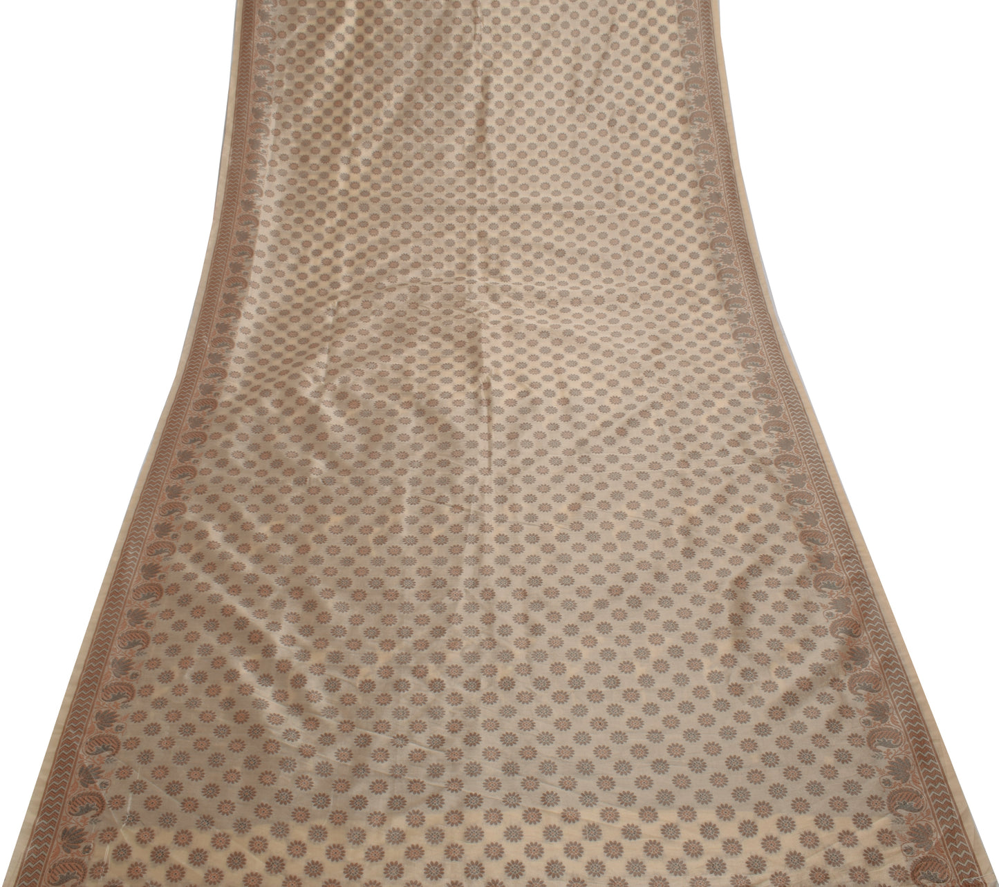 Sushila Vintage Indian Cream Saree Blend Silk All Over Woven Floral Sari Fabric
