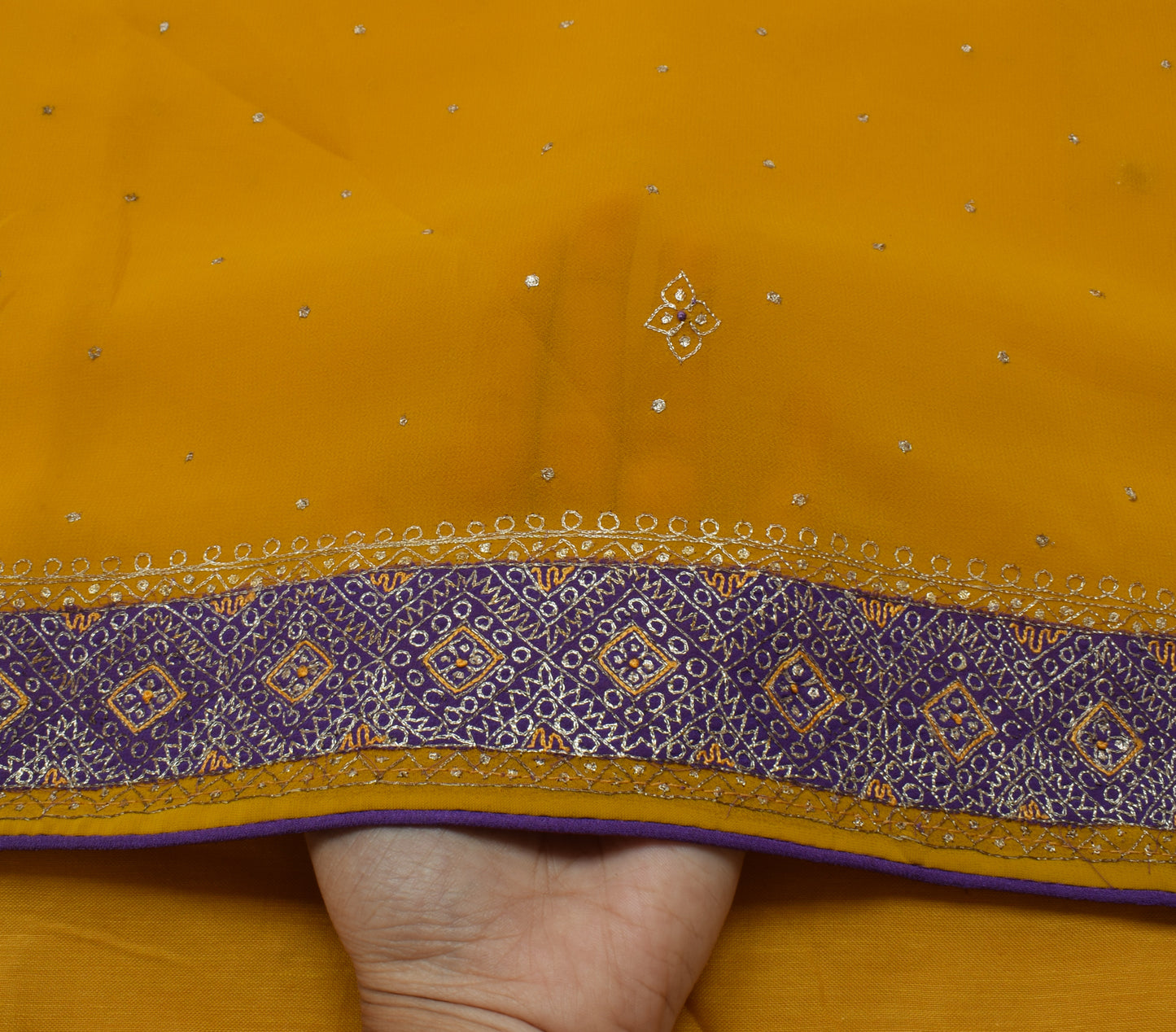 Sushila Vintage Mustard Saree Blend Georgette Zari Embroidered Sari Fabric