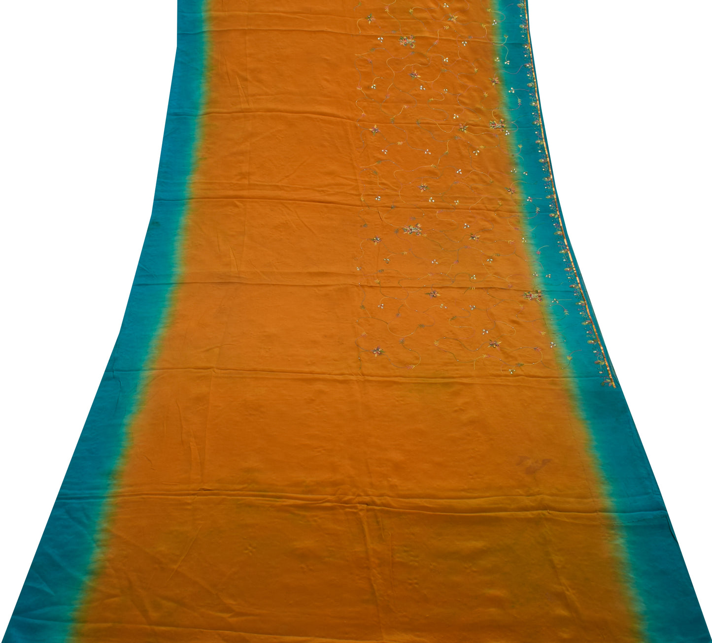 Sushila Vintage Mustard Saree Pure Crepe Silk Hand Embroidered Sari Fabric