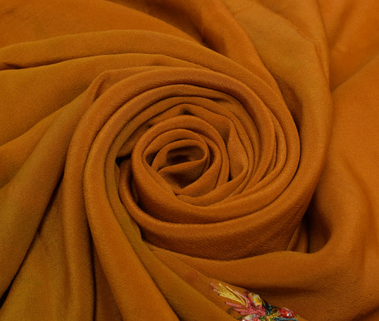 Sushila Vintage Mustard Saree Pure Crepe Silk Hand Embroidered Sari Fabric