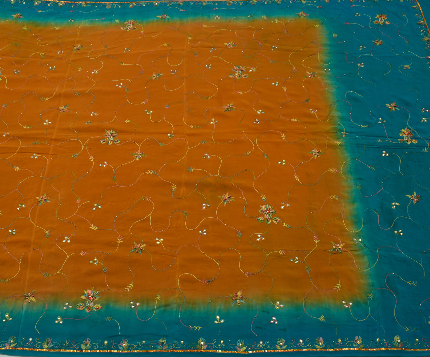 Sushila Vintage Mustard Saree Pure Crepe Silk Hand Embroidered Sari Fabric