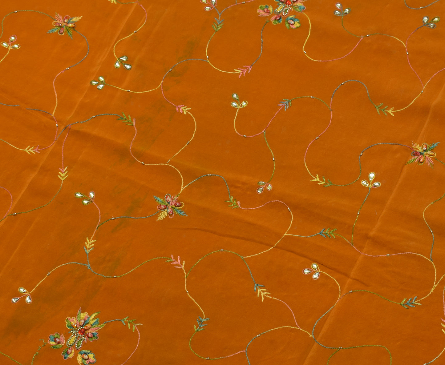 Sushila Vintage Mustard Saree Pure Crepe Silk Hand Embroidered Sari Fabric