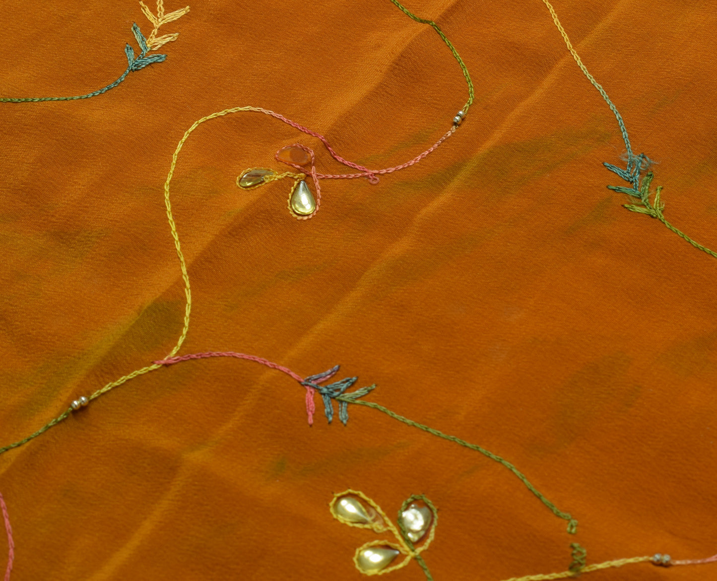 Sushila Vintage Mustard Saree Pure Crepe Silk Hand Embroidered Sari Fabric