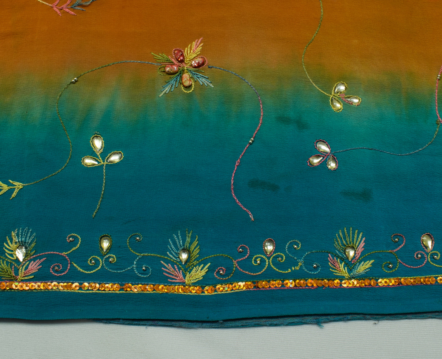 Sushila Vintage Mustard Saree Pure Crepe Silk Hand Embroidered Sari Fabric