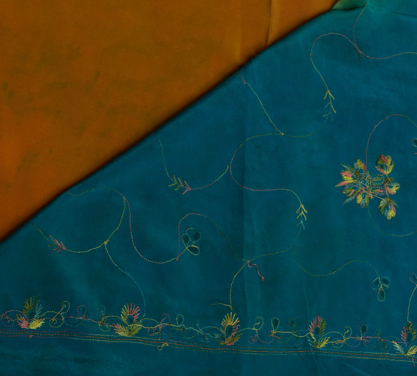 Sushila Vintage Mustard Saree Pure Crepe Silk Hand Embroidered Sari Fabric