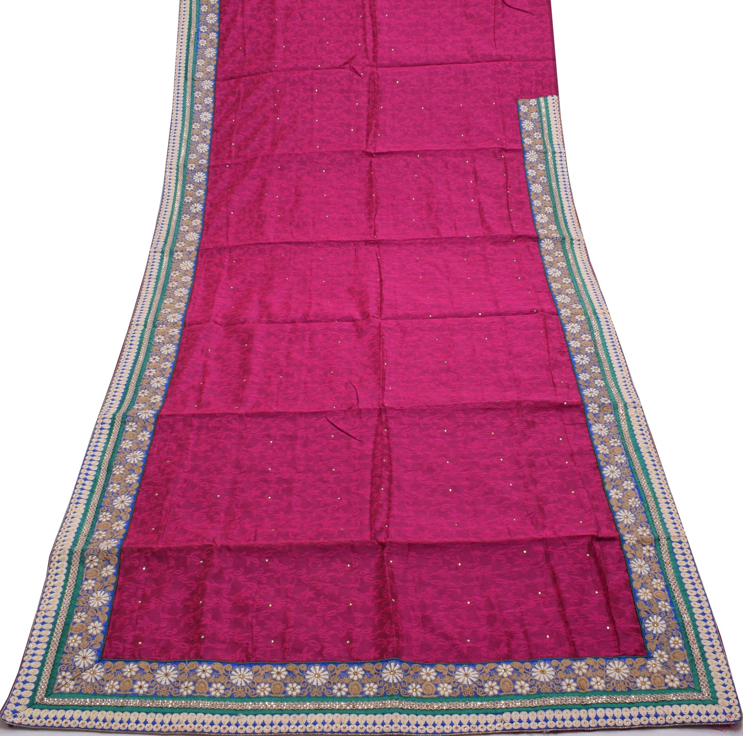 Sushila Vintage Magenta Saree Art Silk Woven Floral Patch Work Border Sari Fabric