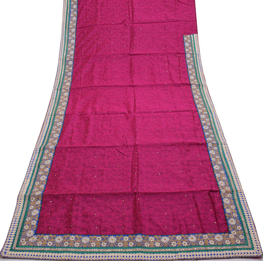 Sushila Vintage Magenta Saree Art Silk Woven Floral Patch Work Border Sari Fabric