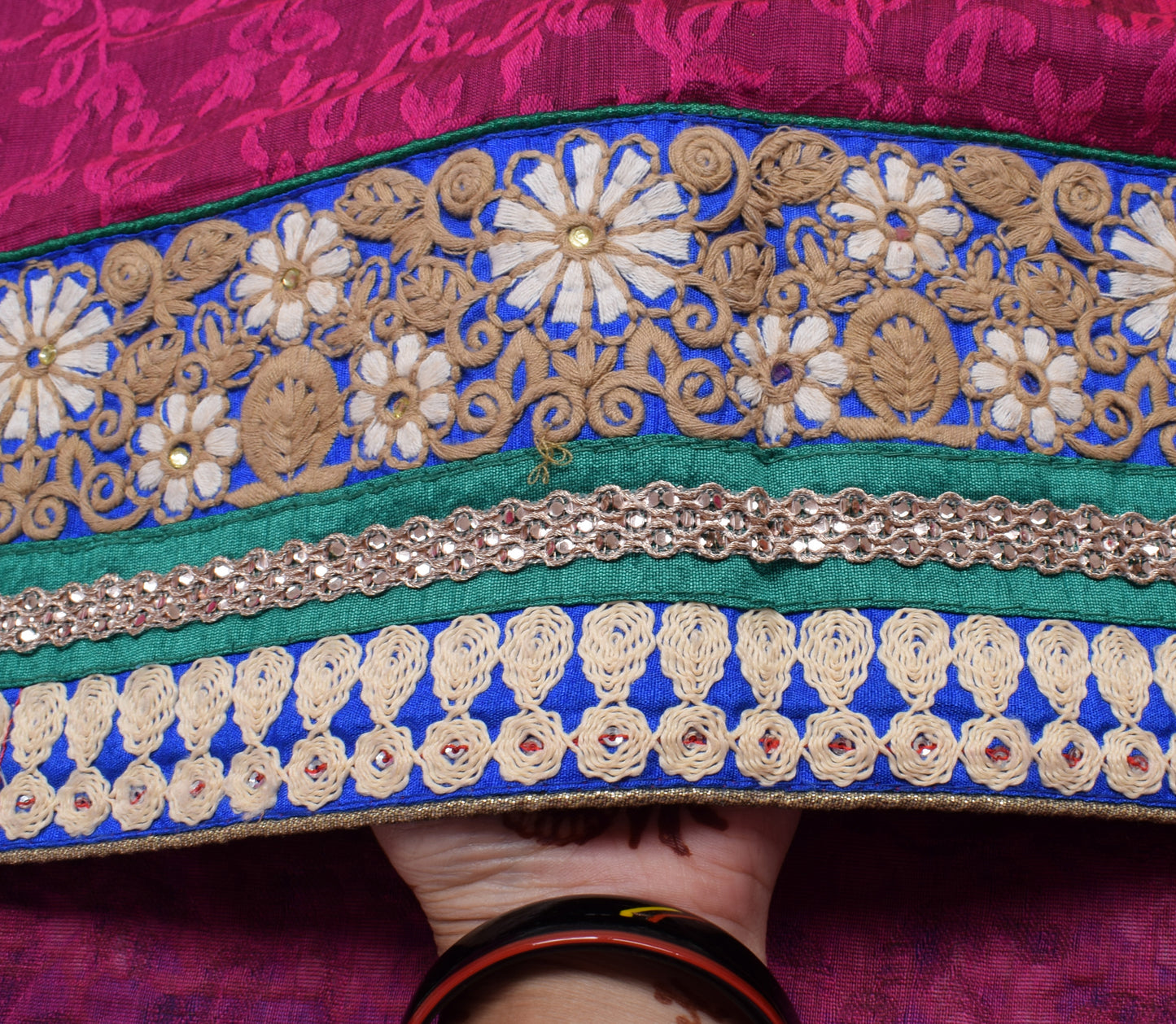 Sushila Vintage Magenta Saree Art Silk Woven Floral Patch Work Border Sari Fabric