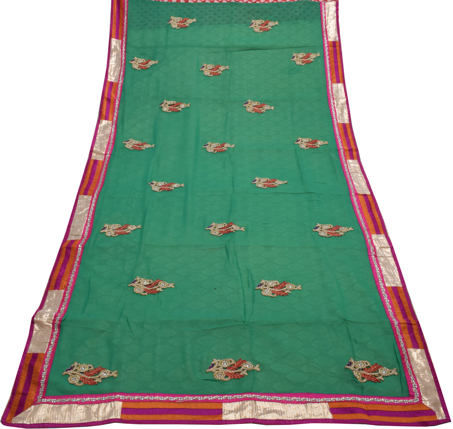 Sushila Vintage Indian Green Saree Pure Georgette Silk Applique & Patch Work Sari Craft 5 Yard Fabric