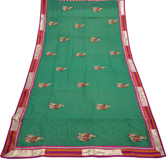 Sushila Vintage Indian Green Saree Pure Georgette Silk Applique & Patch Work Sari Craft 5 Yard Fabric