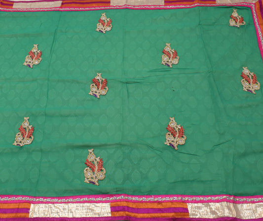 Sushila Vintage Indian Green Saree Pure Georgette Silk Applique & Patch Work Sari Craft 5 Yard Fabric