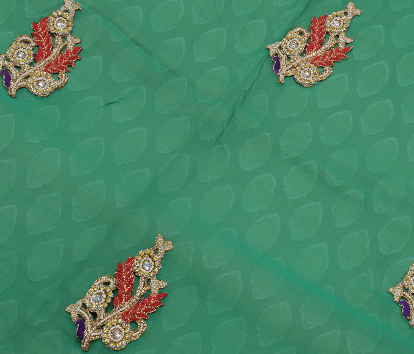Sushila Vintage Indian Green Saree Pure Georgette Silk Applique & Patch Work Sari Craft 5 Yard Fabric