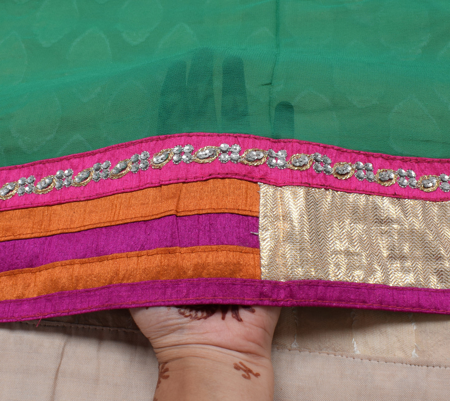 Sushila Vintage Indian Green Saree Pure Georgette Silk Applique & Patch Work Sari Craft 5 Yard Fabric