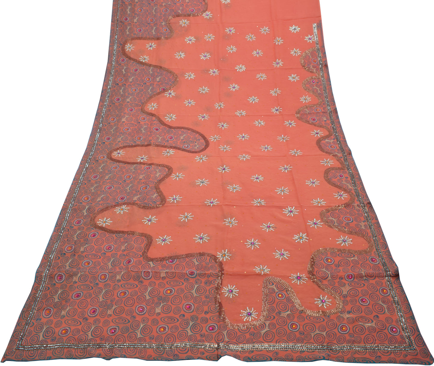 Sushila Vintage Peach Saree Pure Georgette Printed Sequins Embellish Floral Sari Craft Fabric