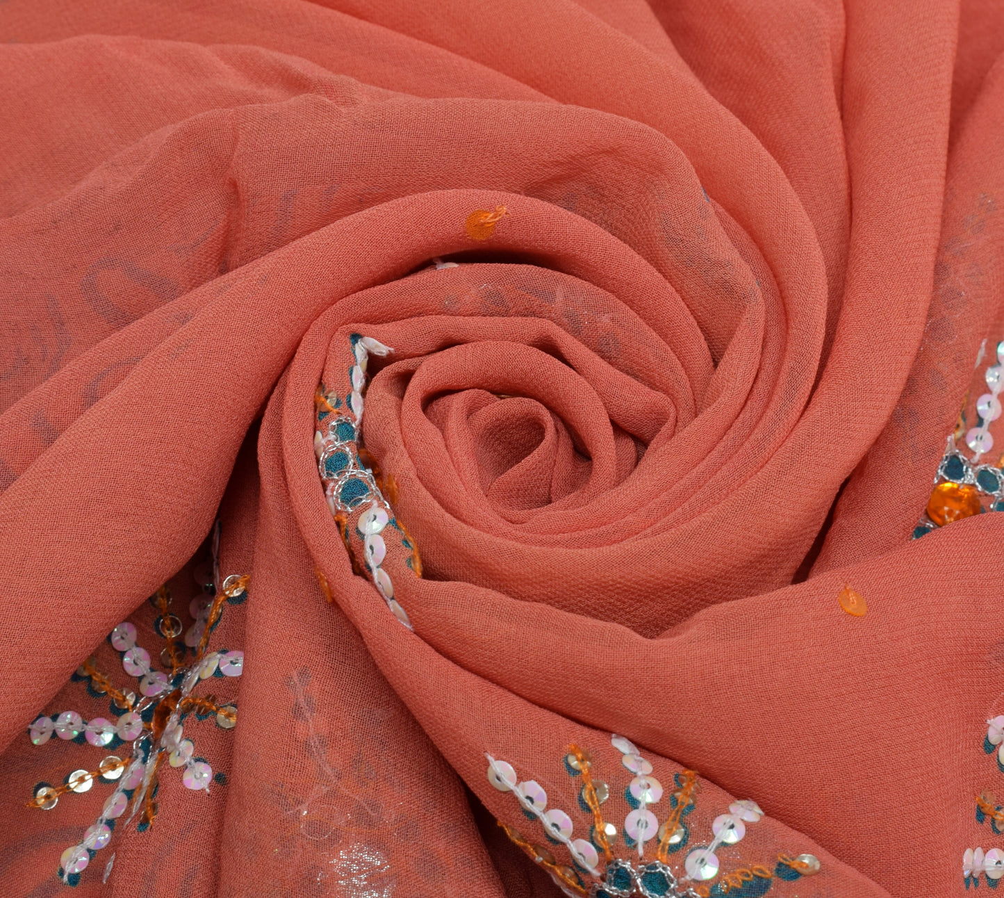 Sushila Vintage Peach Saree Pure Georgette Printed Sequins Embellish Floral Sari Craft Fabric