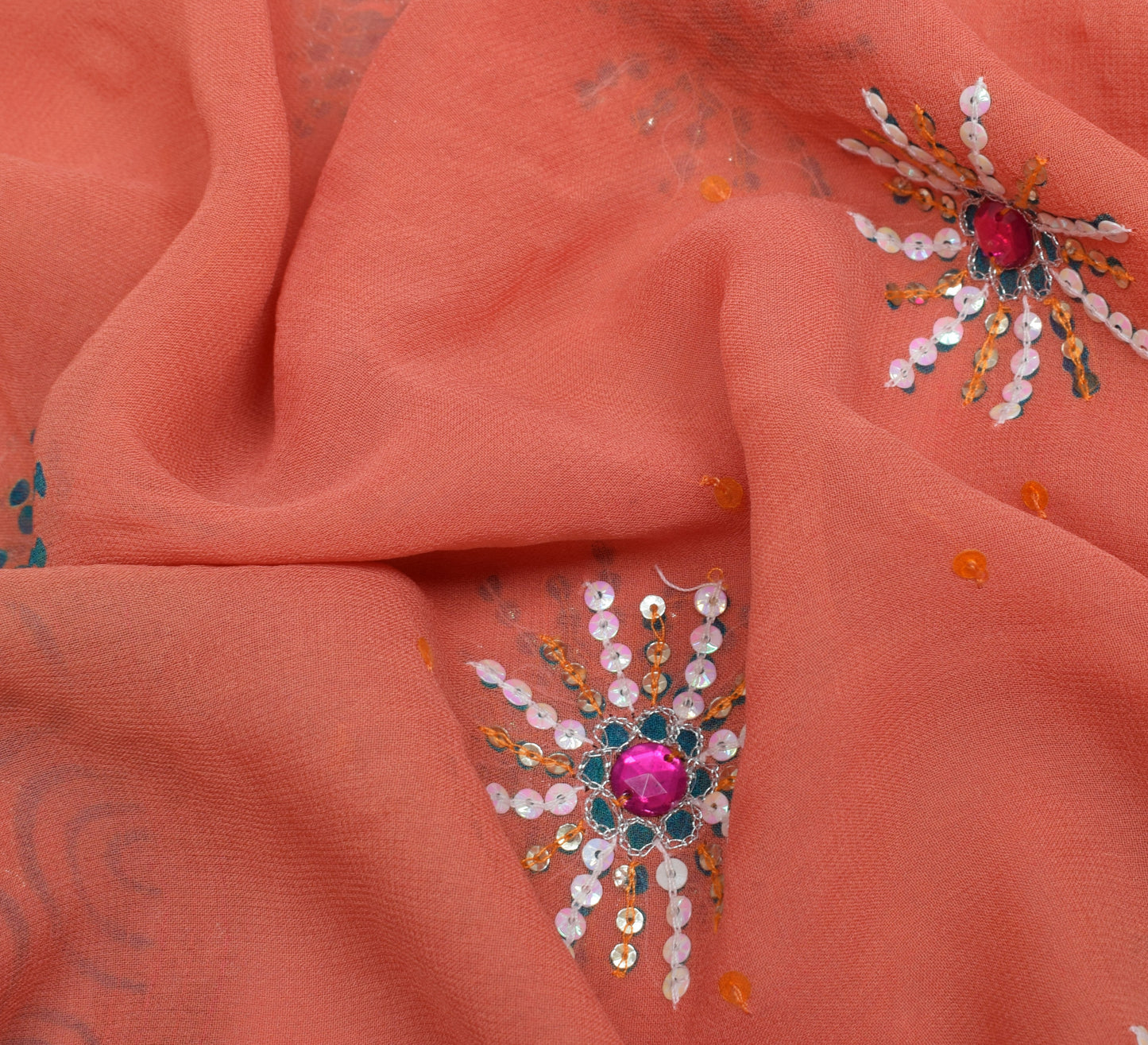 Sushila Vintage Peach Saree Pure Georgette Printed Sequins Embellish Floral Sari Craft Fabric