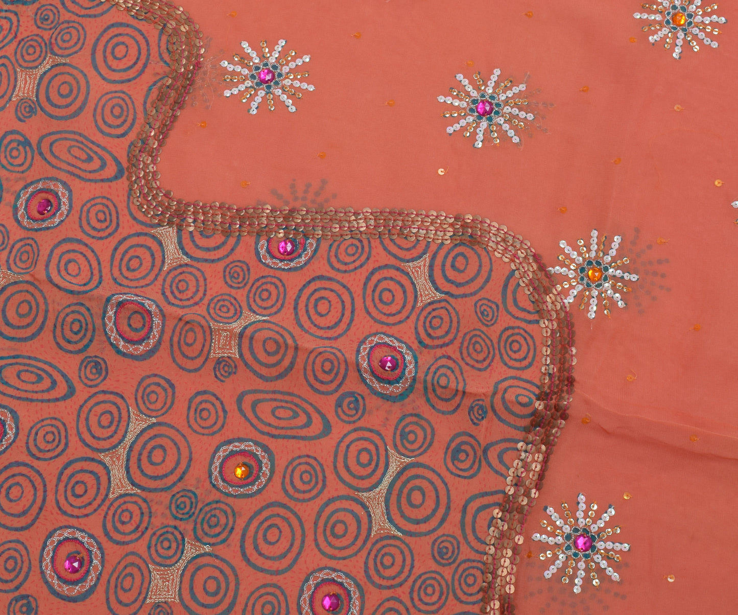 Sushila Vintage Peach Saree Pure Georgette Printed Sequins Embellish Floral Sari Craft Fabric