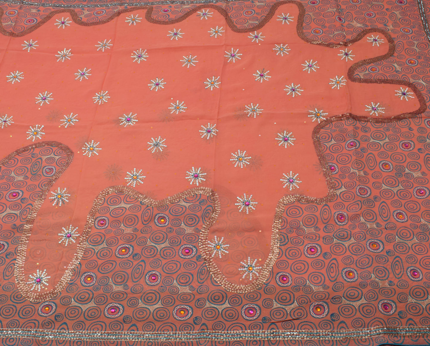 Sushila Vintage Peach Saree Pure Georgette Printed Sequins Embellish Floral Sari Craft Fabric