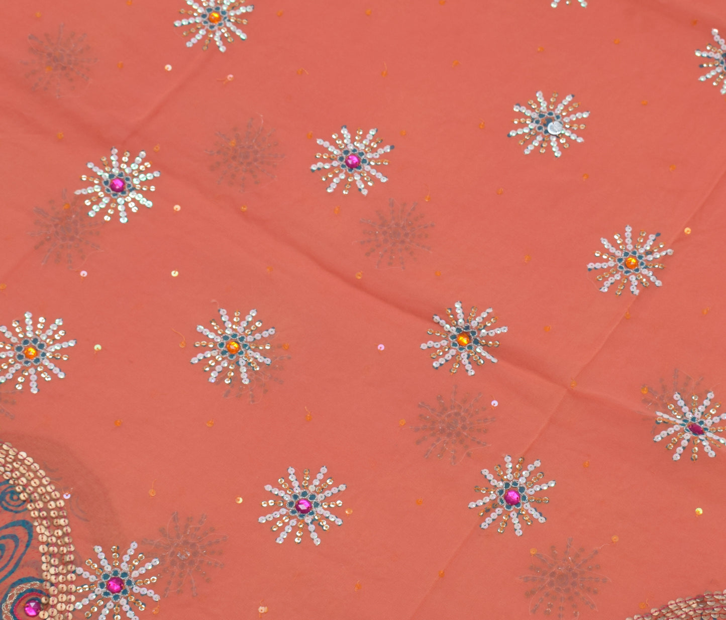 Sushila Vintage Peach Saree Pure Georgette Printed Sequins Embellish Floral Sari Craft Fabric