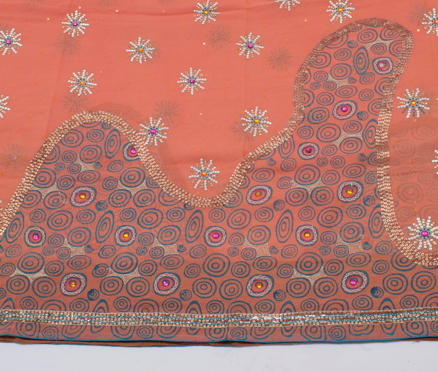 Sushila Vintage Peach Saree Pure Georgette Printed Sequins Embellish Floral Sari Craft Fabric