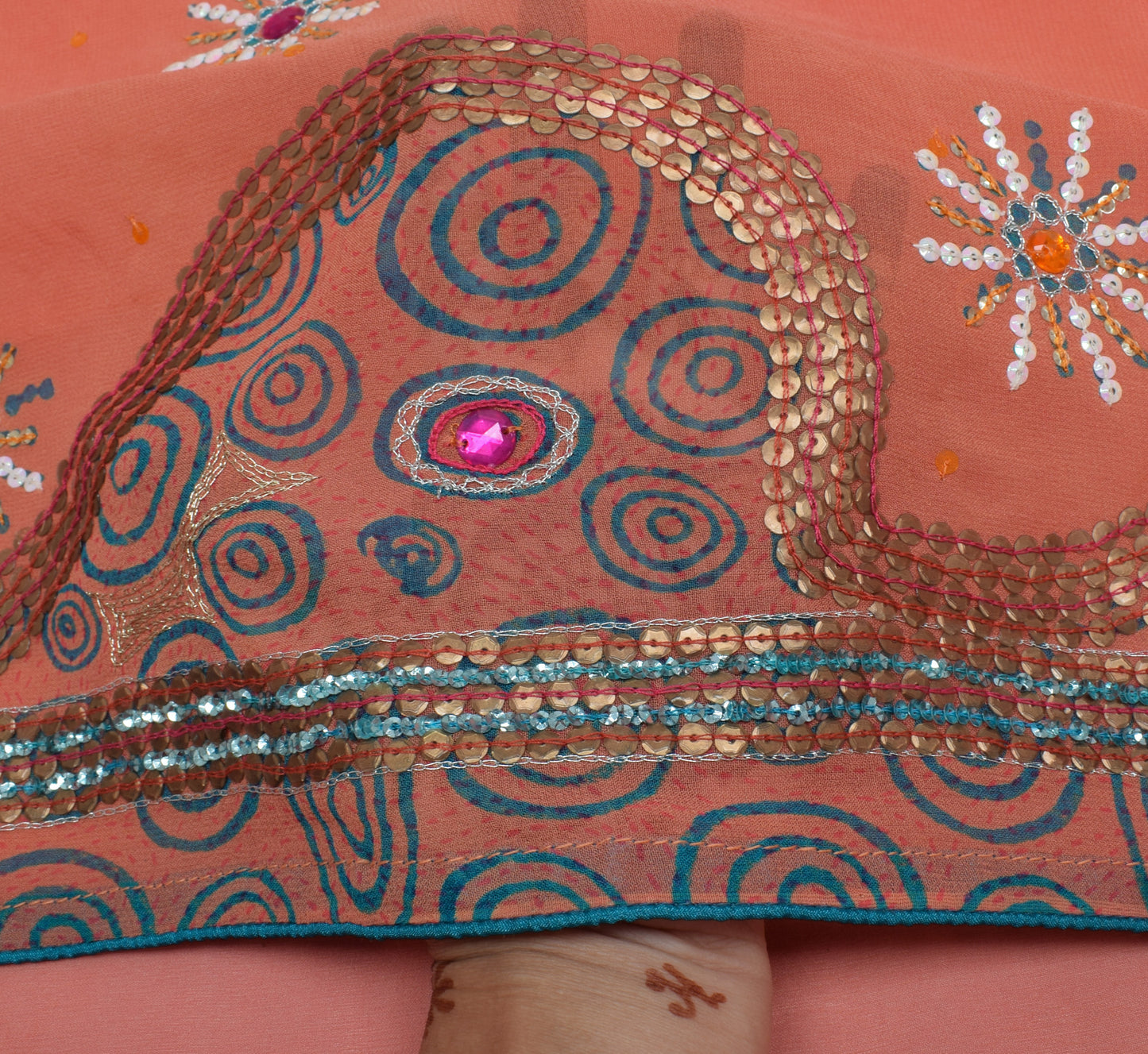 Sushila Vintage Peach Saree Pure Georgette Printed Sequins Embellish Floral Sari Craft Fabric