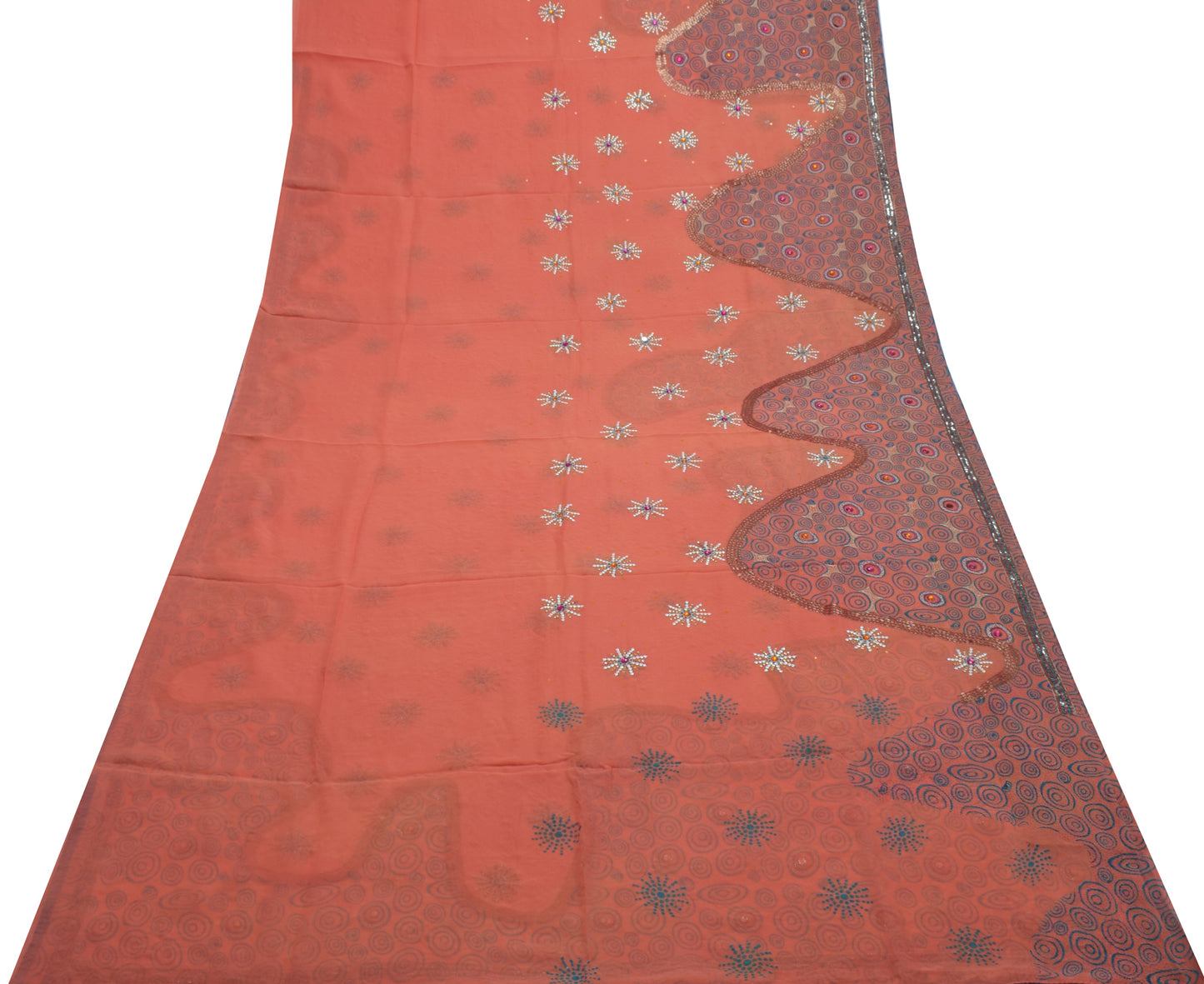 Sushila Vintage Peach Saree Pure Georgette Printed Sequins Embellish Floral Sari Craft Fabric