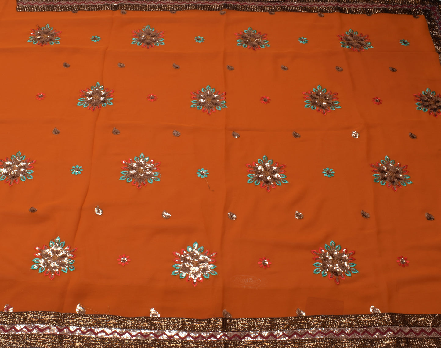 Sushila Vintage Rust Saree Blend Georgette Silk Embroidered Floral Sari Fabric
