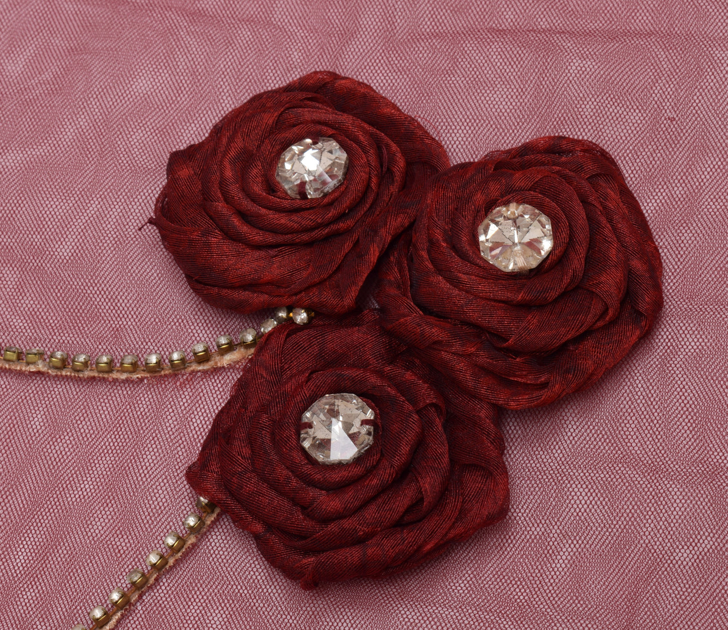 Sushila Vintage Maroon Saree Net Mesh Hand Beaded Floral Sari Craft Fabric