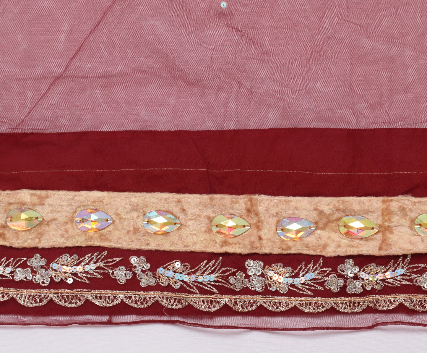Sushila Vintage Maroon Saree Net Mesh Hand Beaded Floral Sari Craft Fabric
