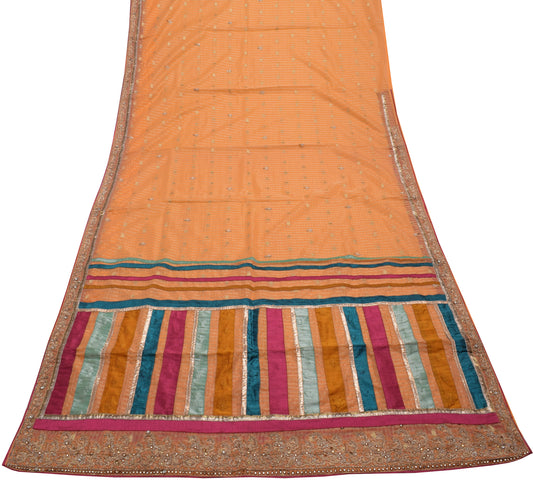 Sushila Vintage Orange Saree Blend Georgette Silk Woven Floral Sari Fabric