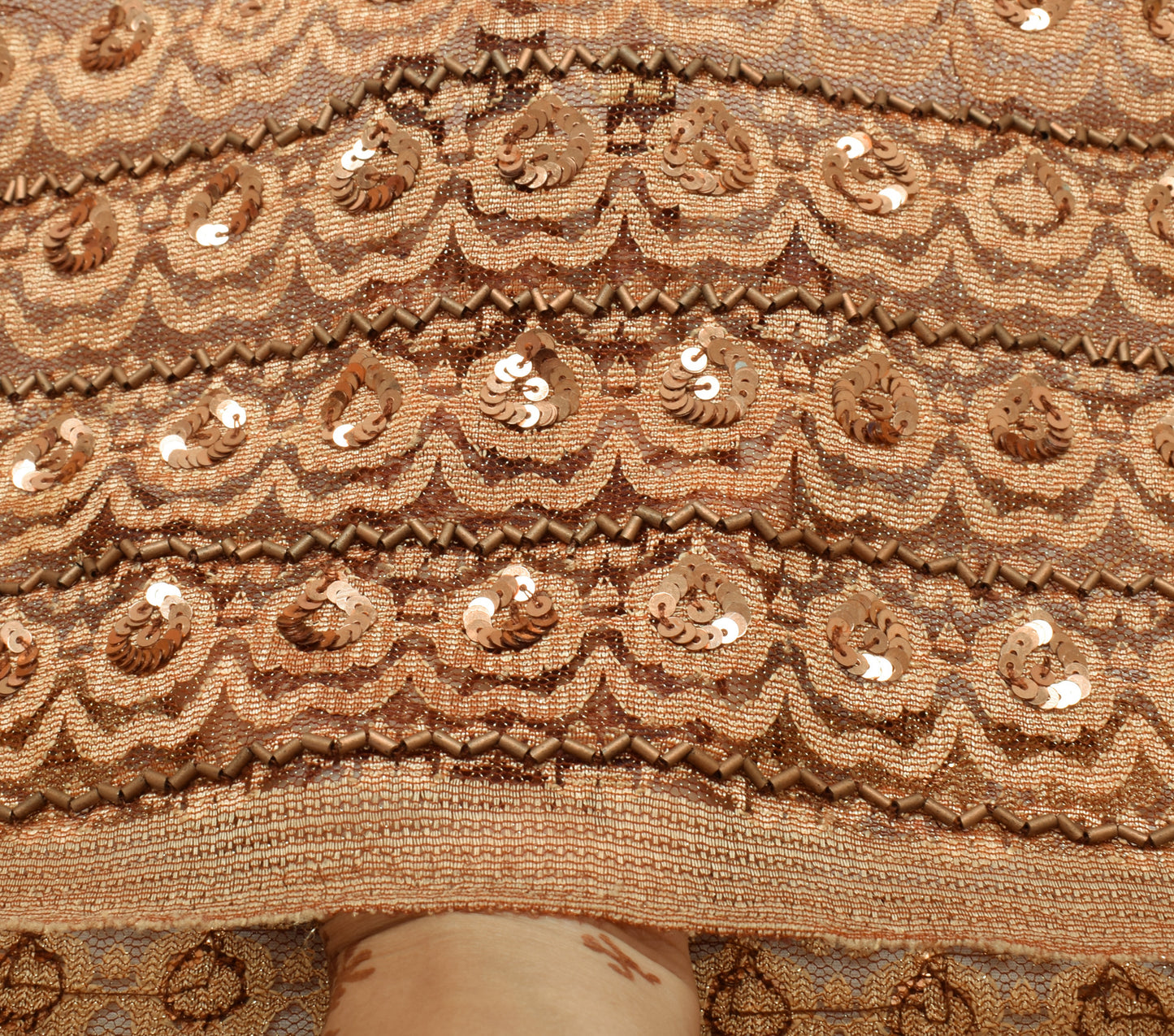 Sushila Vintage Indian Brown Saree Net Mesh Dori Work Sari Craft 5 Yard Fabric