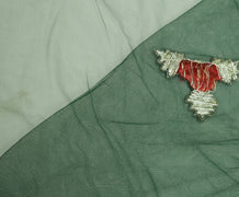 Sushila Vintage Indian Green Saree Net Mesh Beaded Floral Sari Craft 5 YD Fabric