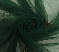 Sushila Vintage Indian Green Saree Net Mesh Beaded Floral Sari Craft 5 YD Fabric