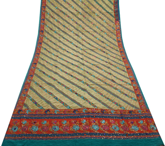 Sushila Vintage Multi-Color Saree Pure Crepe Silk Hand Beaded Sari Craft Fabric