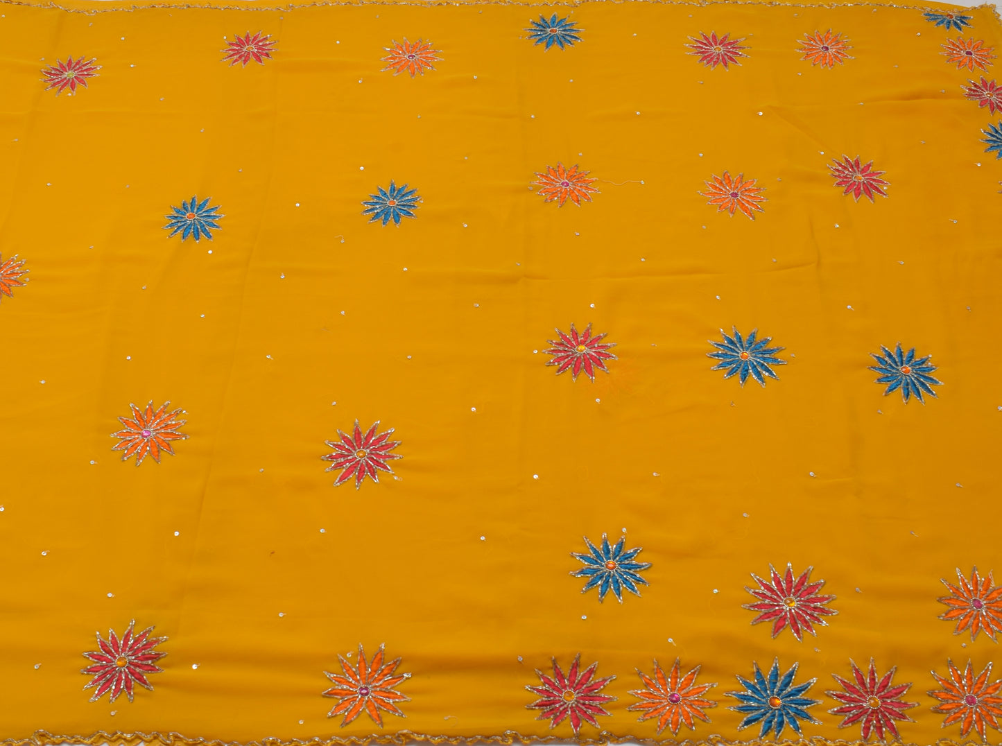 Sushila Vintage Yellow Saree Blend Georgette Silk Hand Beaded Sari Craft Fabric