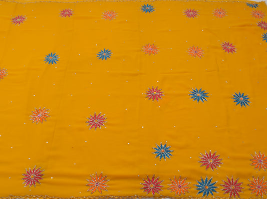 Sushila Vintage Yellow Saree Blend Georgette Silk Hand Beaded Sari Craft Fabric