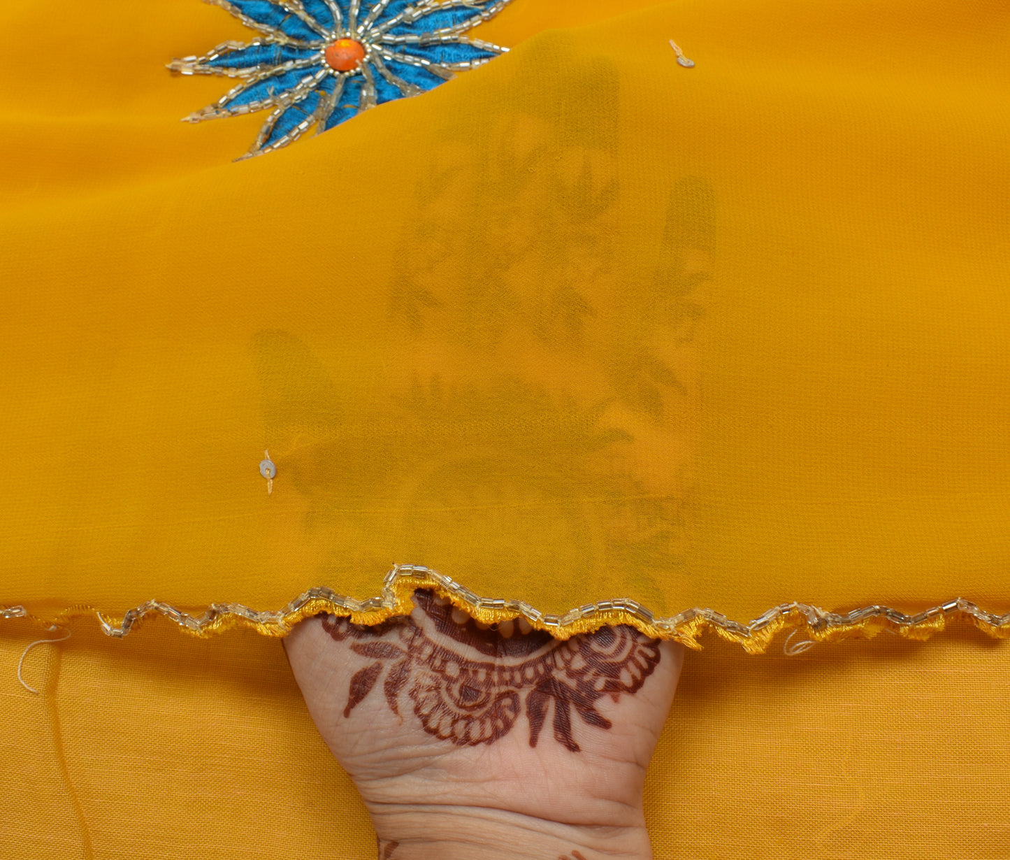 Sushila Vintage Yellow Saree Blend Georgette Silk Hand Beaded Sari Craft Fabric