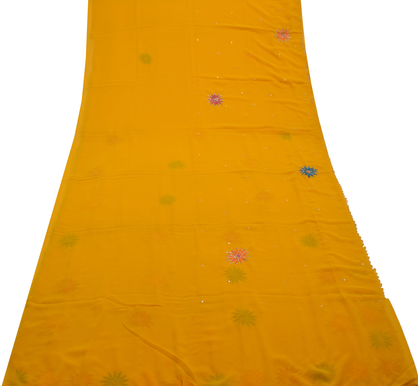 Sushila Vintage Yellow Saree Blend Georgette Silk Hand Beaded Sari Craft Fabric